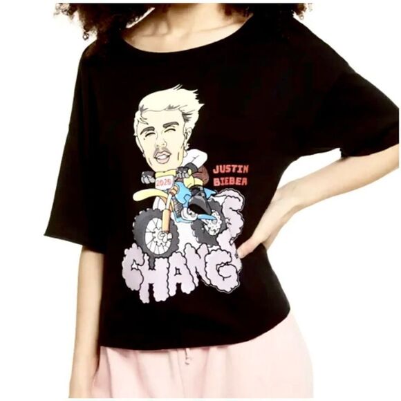 BP Justin Bieber Graphic Shirt Womens Black Short Sleeve Size Medium NWT - Picture 1 of 9